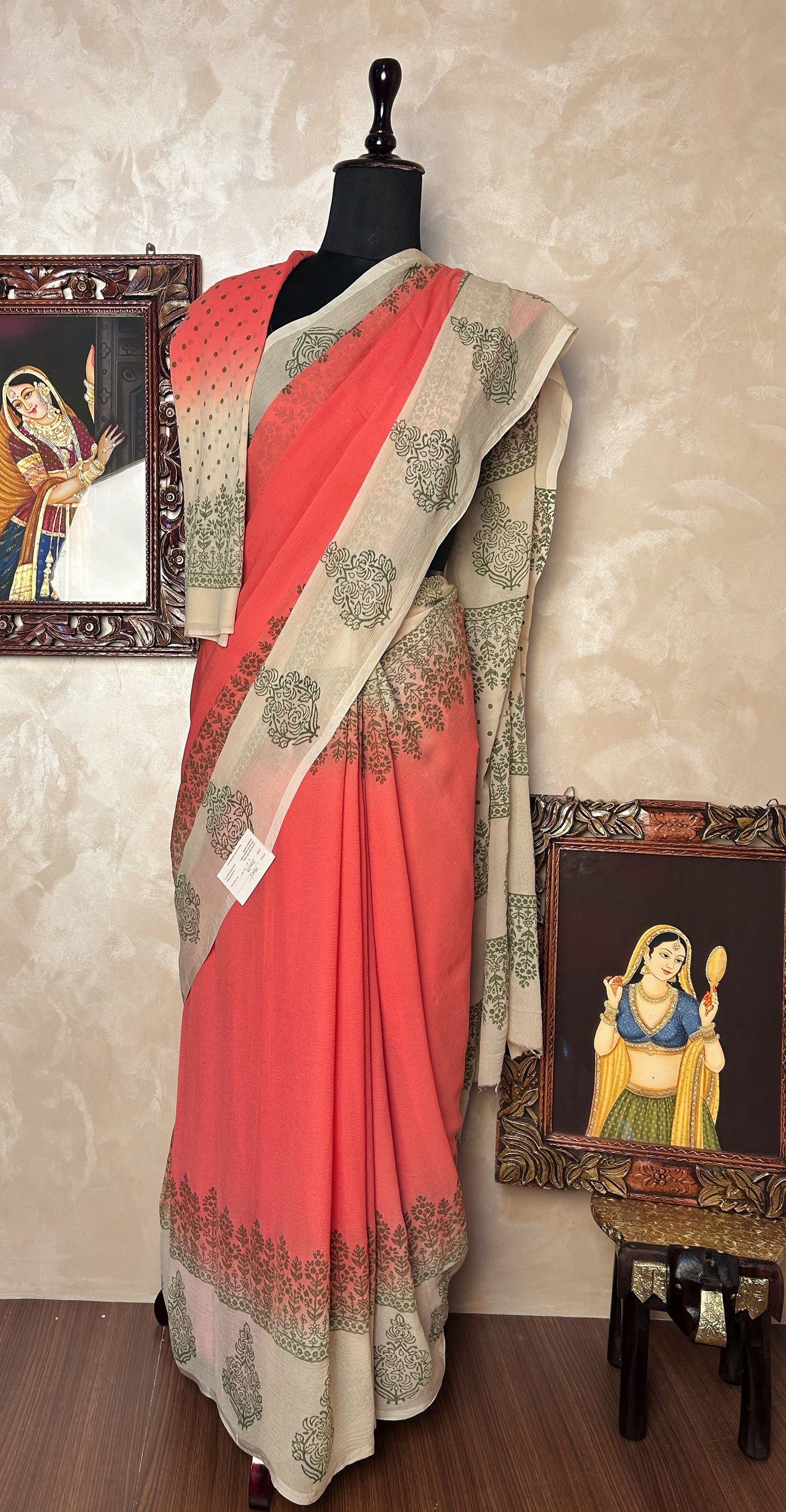 Peach and creme Chiffon Saree
