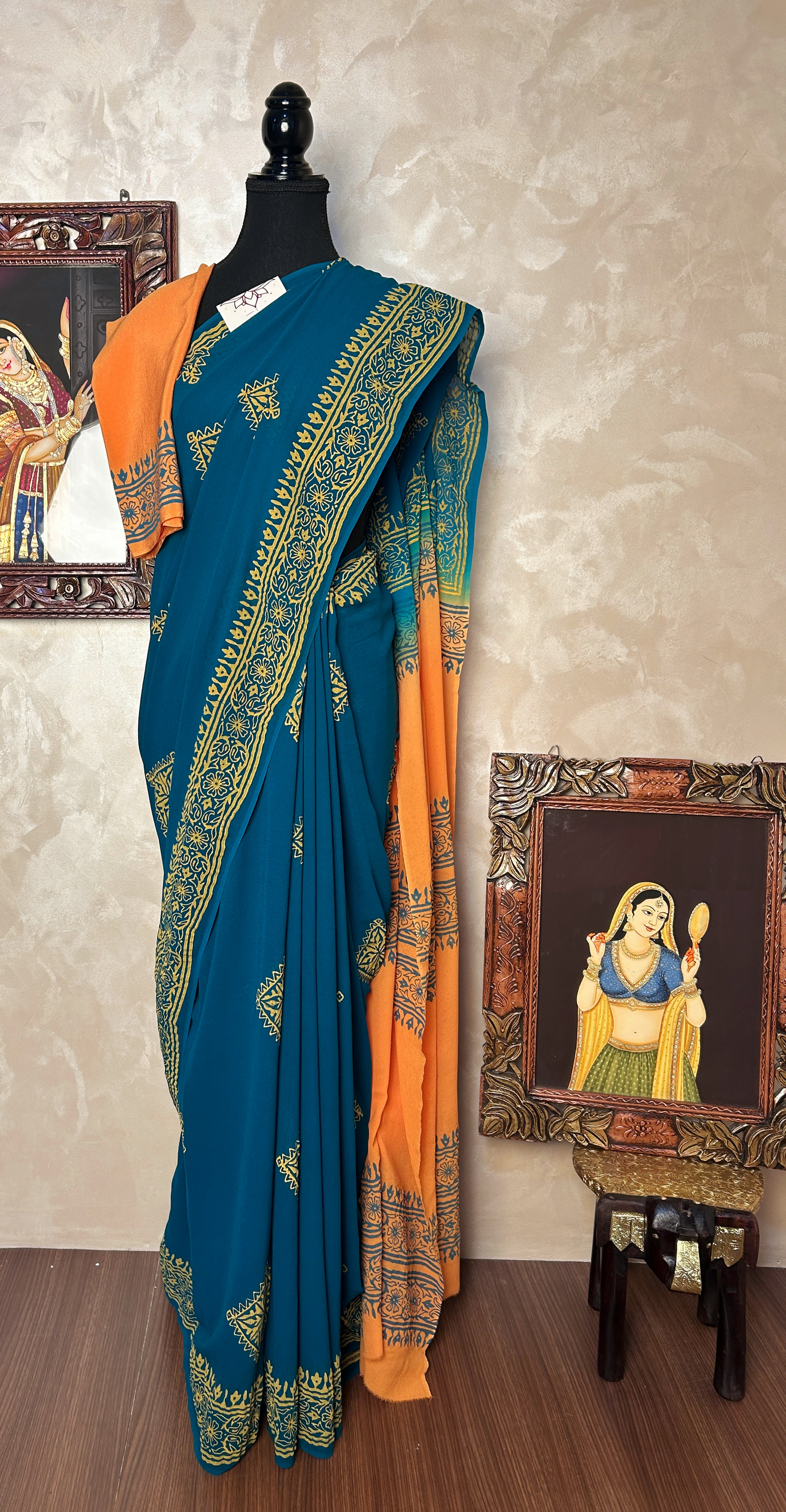 Seagreen and yellow Georgette Saree