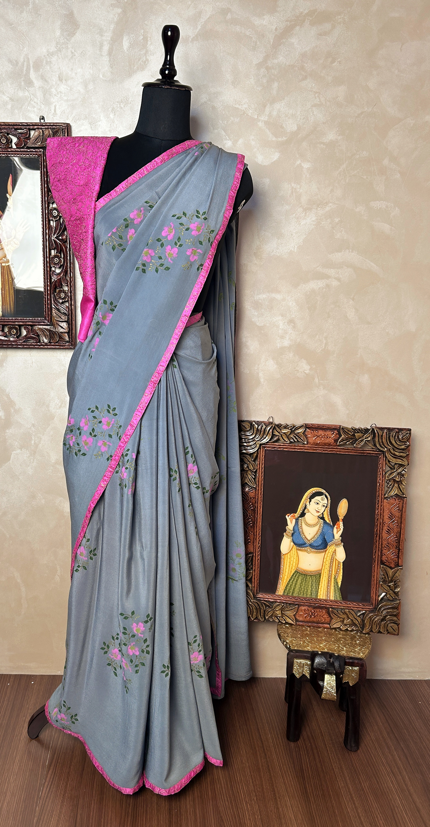 Grey and pink Crepe Saree
