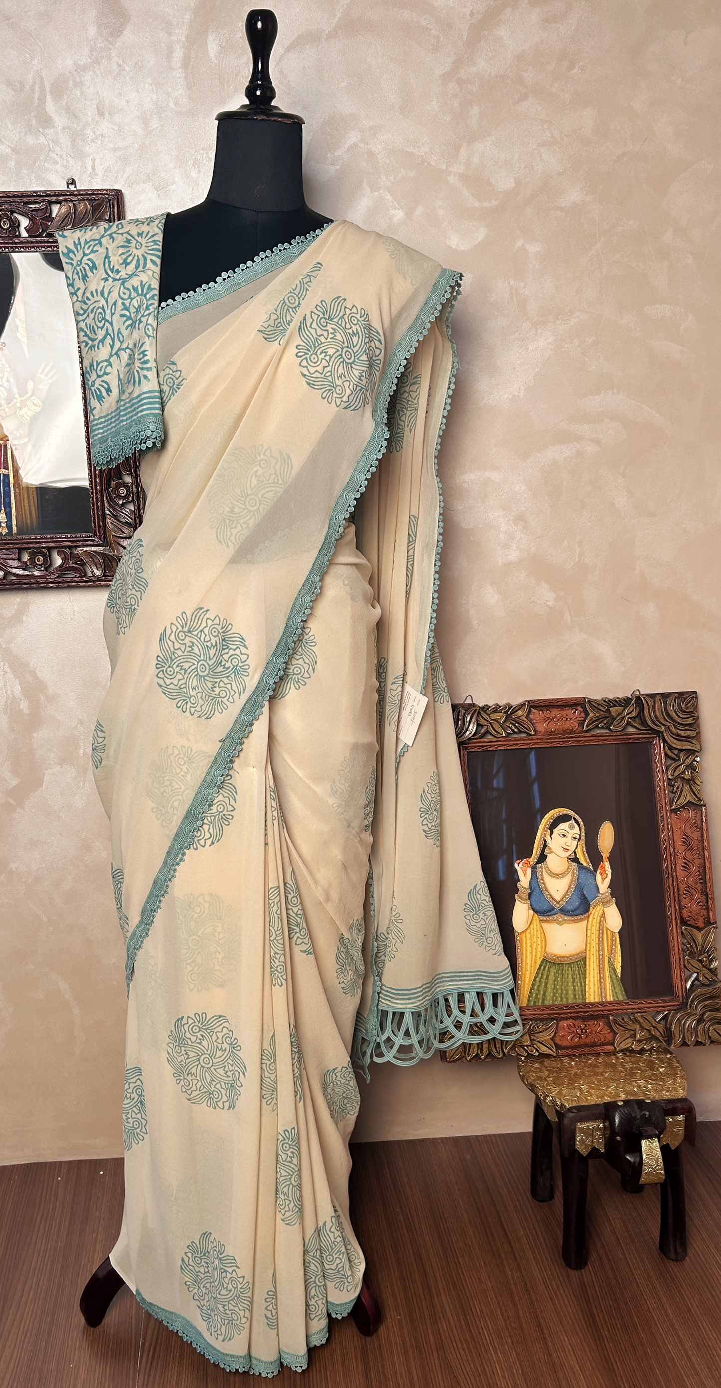 Off-white and blue Georgette Saree